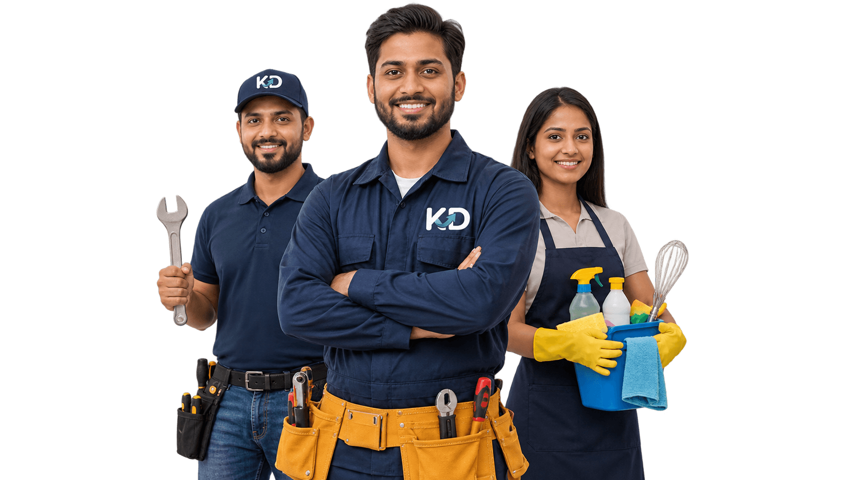 Verified KaazDaak service professionals: a technician, an electrician and a cleaner