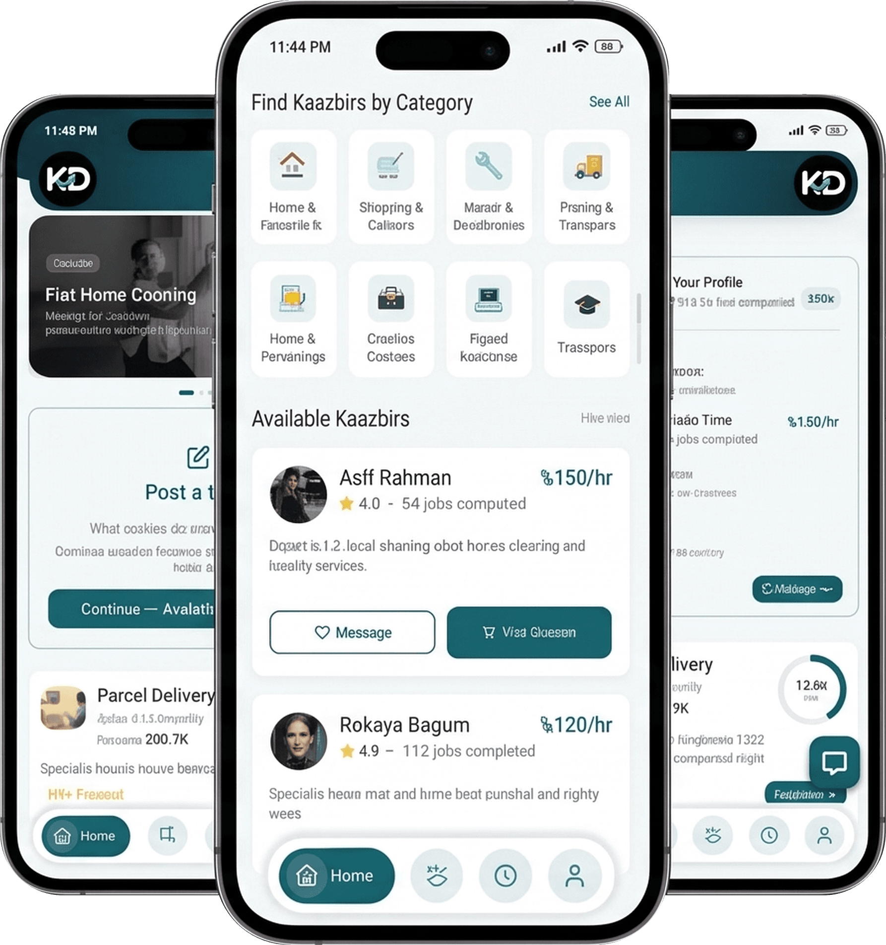 KaazDaak app screens showing service categories and available Kaazbirs